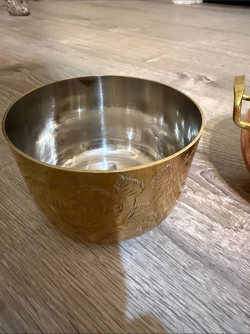 Sarna Etched Brass Bowl and Copper and Brass Handi Handled Pot  3 pieces Lot